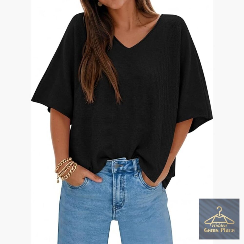 Oversized V-Neck Dolman Sleeve Summer Sweater Top Loose Fit Knit